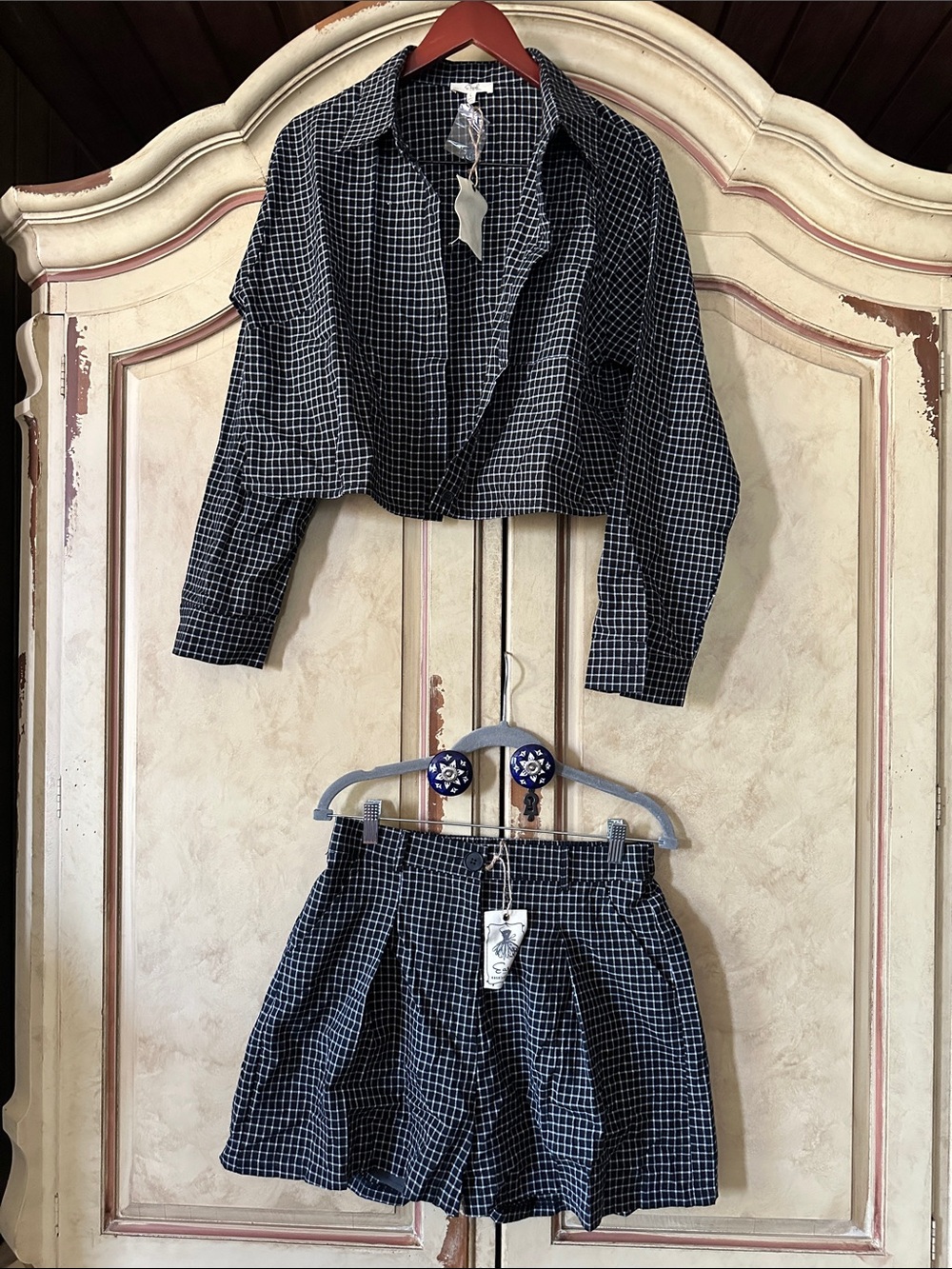 NWT easel Black & White Windowpane Button-Front Top & Short/s Set size Large